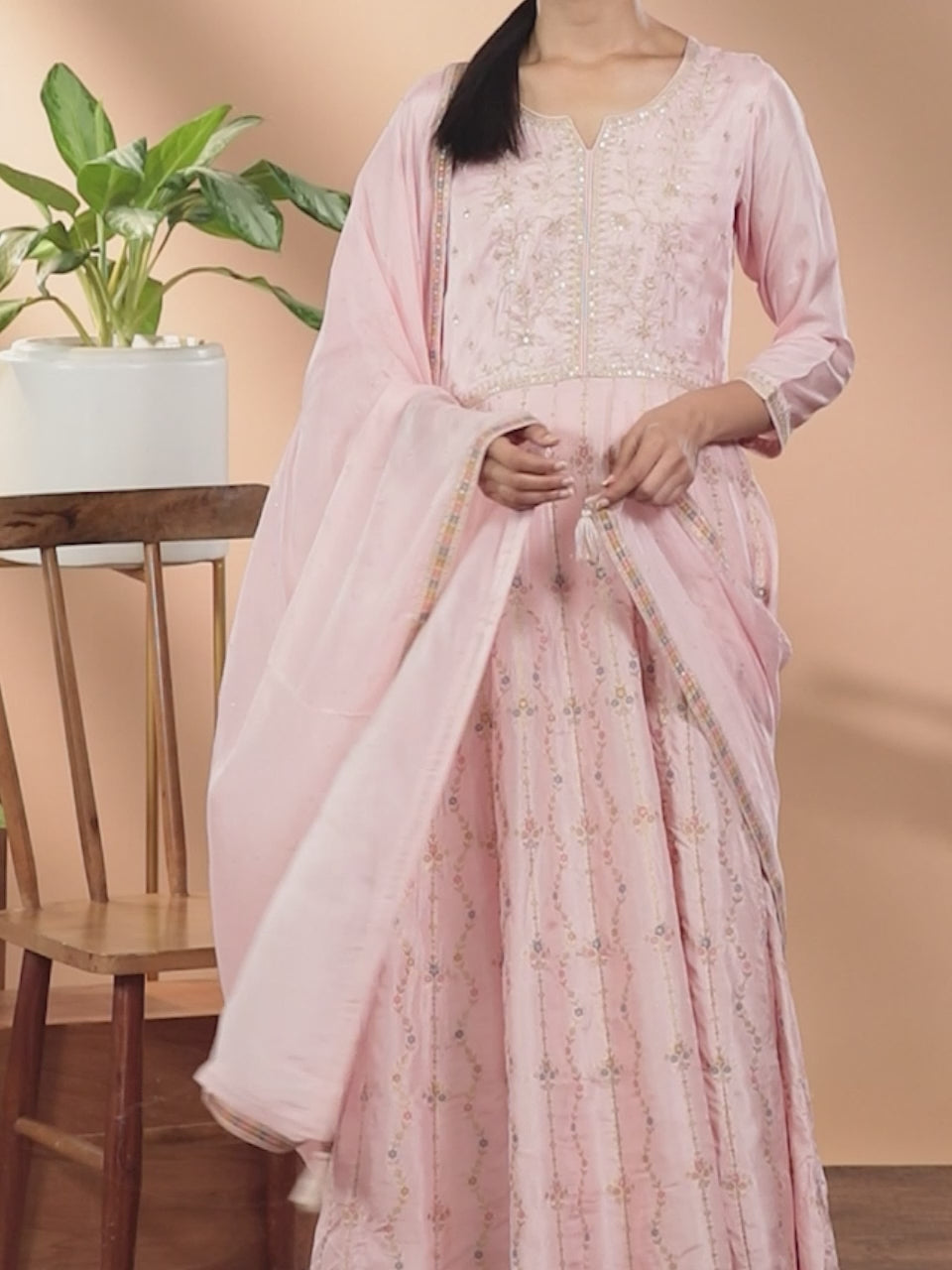  Pink Embroidered Silk Anarkali Kurta With Churidar & Dupatta 