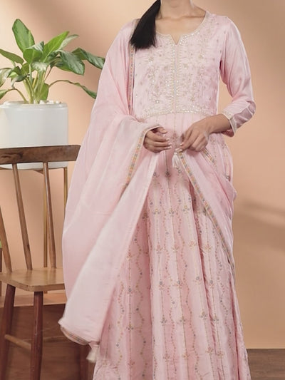 Pink Embroidered Silk Anarkali Kurta With Churidar & Dupatta