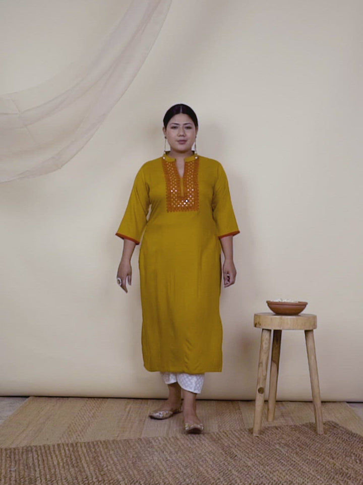 Plus Size Yellow Embroidered Rayon Kurta