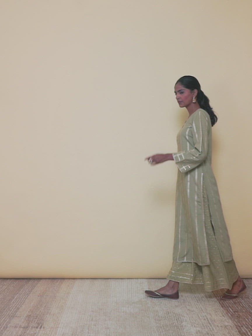  Olive Self Design Chanderi Silk Straight Kurta With Palazzos 
