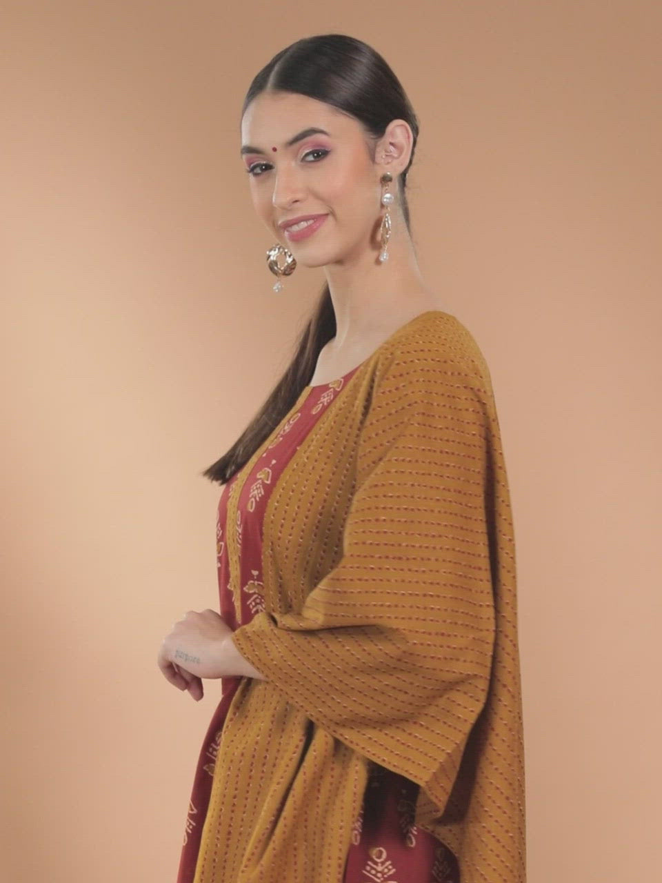 Rust Printed Cotton Straight Kurta With Palazzos & Dupatta