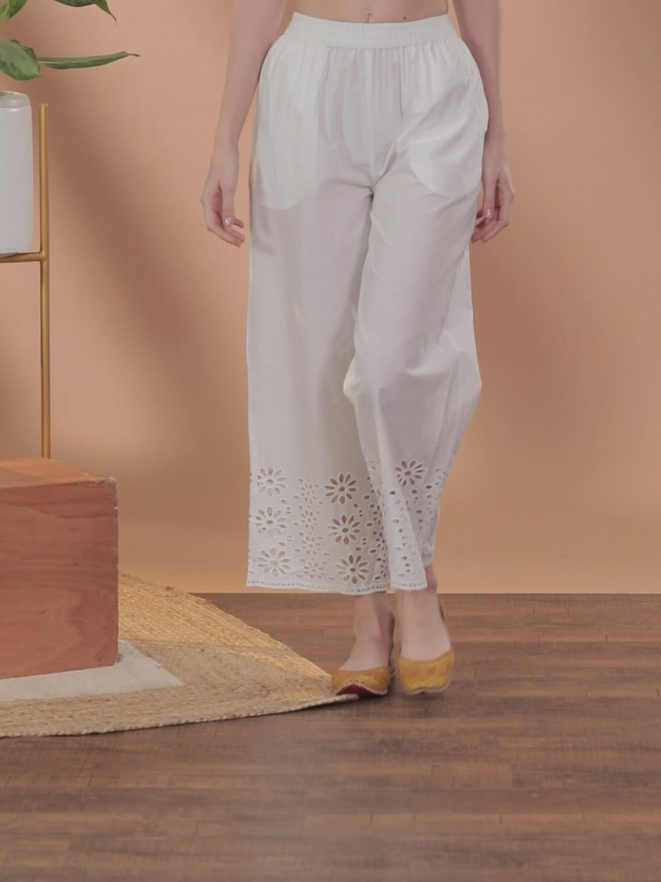  Off White Solid Cotton Palazzos 