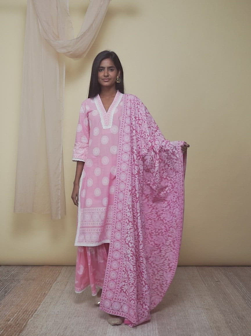 Pink Printed Cotton Straight Kurta With Sharara & Dupatta