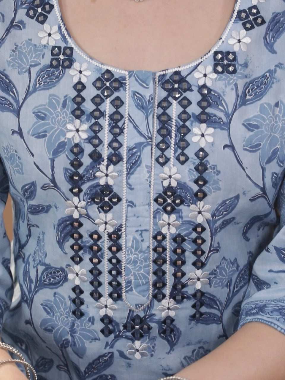 Blue Printed Cotton Straight Kurta With Dupatta