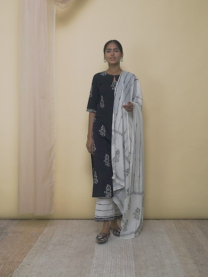 Black Printed Cotton Straight Kurta With Palazzos & Dupatta 