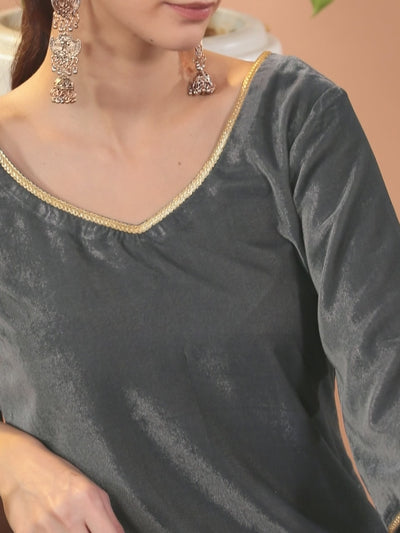 Grey Solid Velvet Straight Kurta With Trousers Dupatta