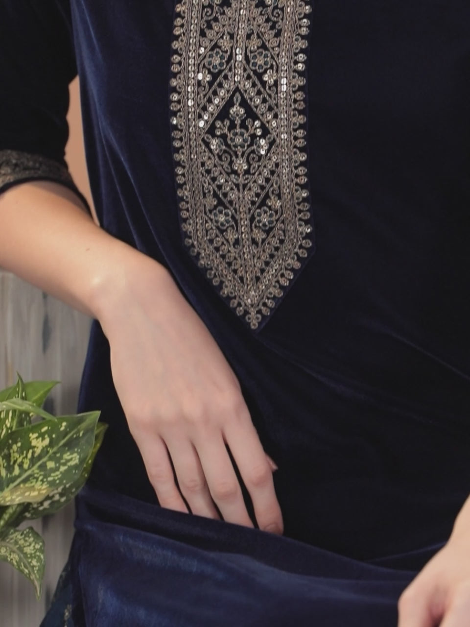  Navy Blue Yoke Design Velvet Straight Kurta With Dupatta 