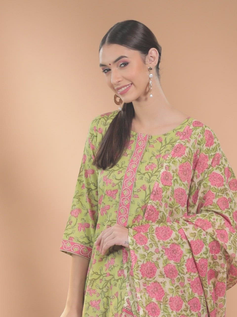 Green Printed Cotton Straight Kurta With Salwar & Dupatta