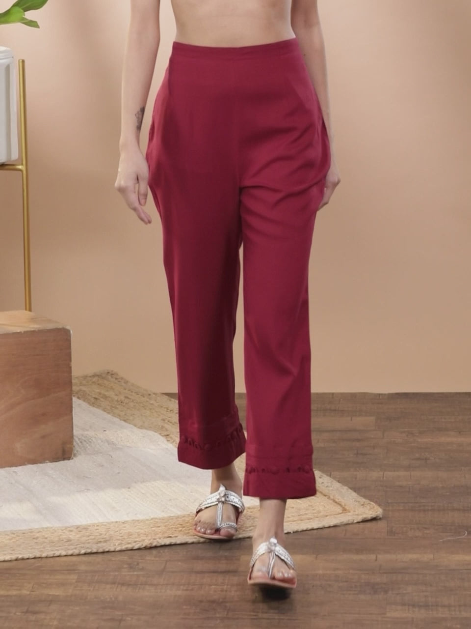 Maroon Solid Rayon Trousers