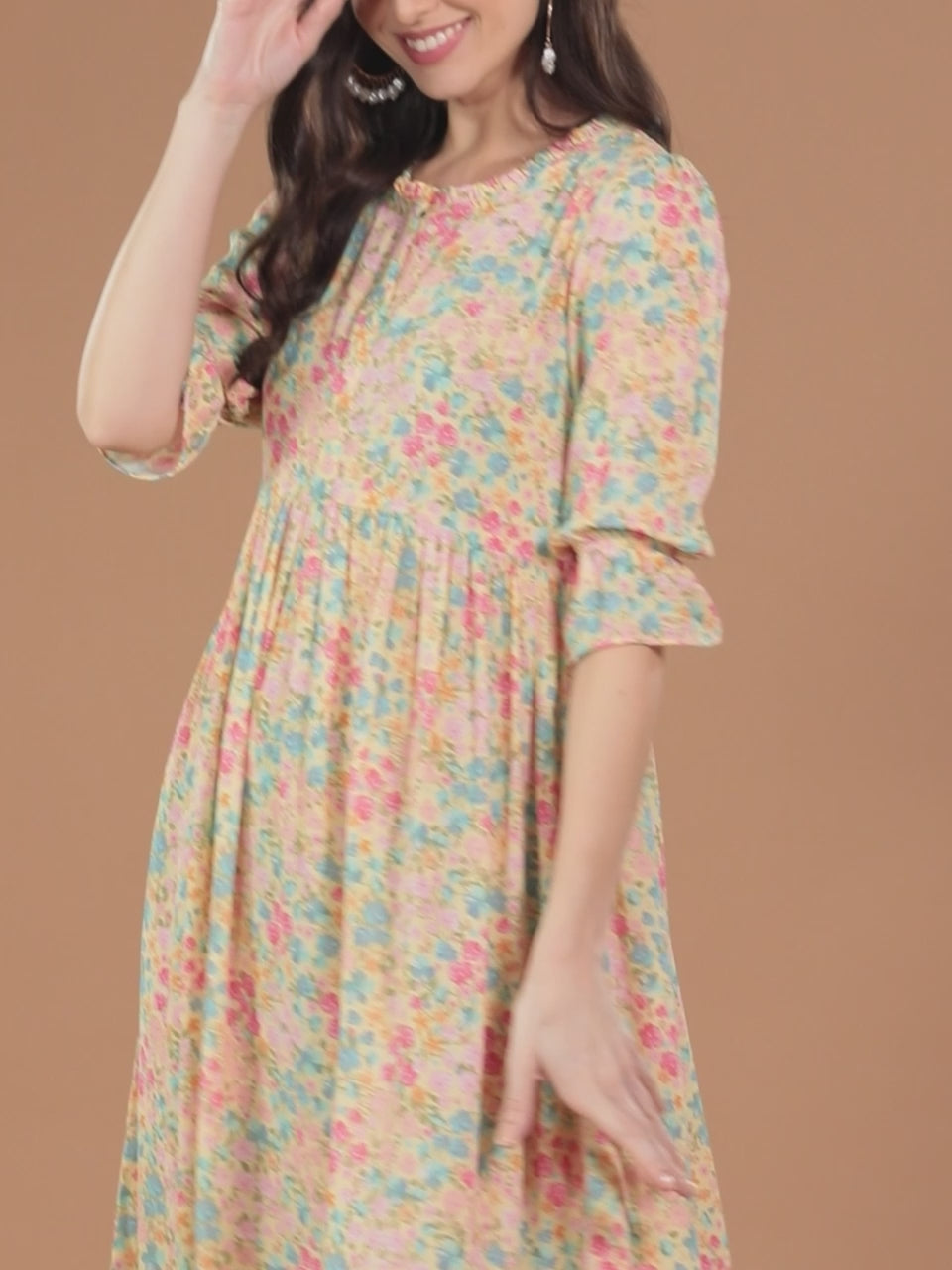  Yellow Printed Georgette Fit and Flared Dress 