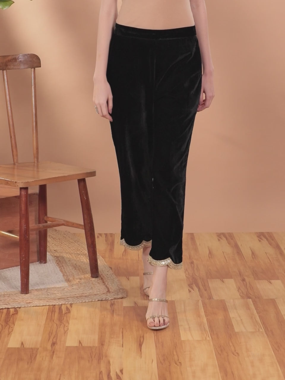  Black Solid Velvet Trousers 