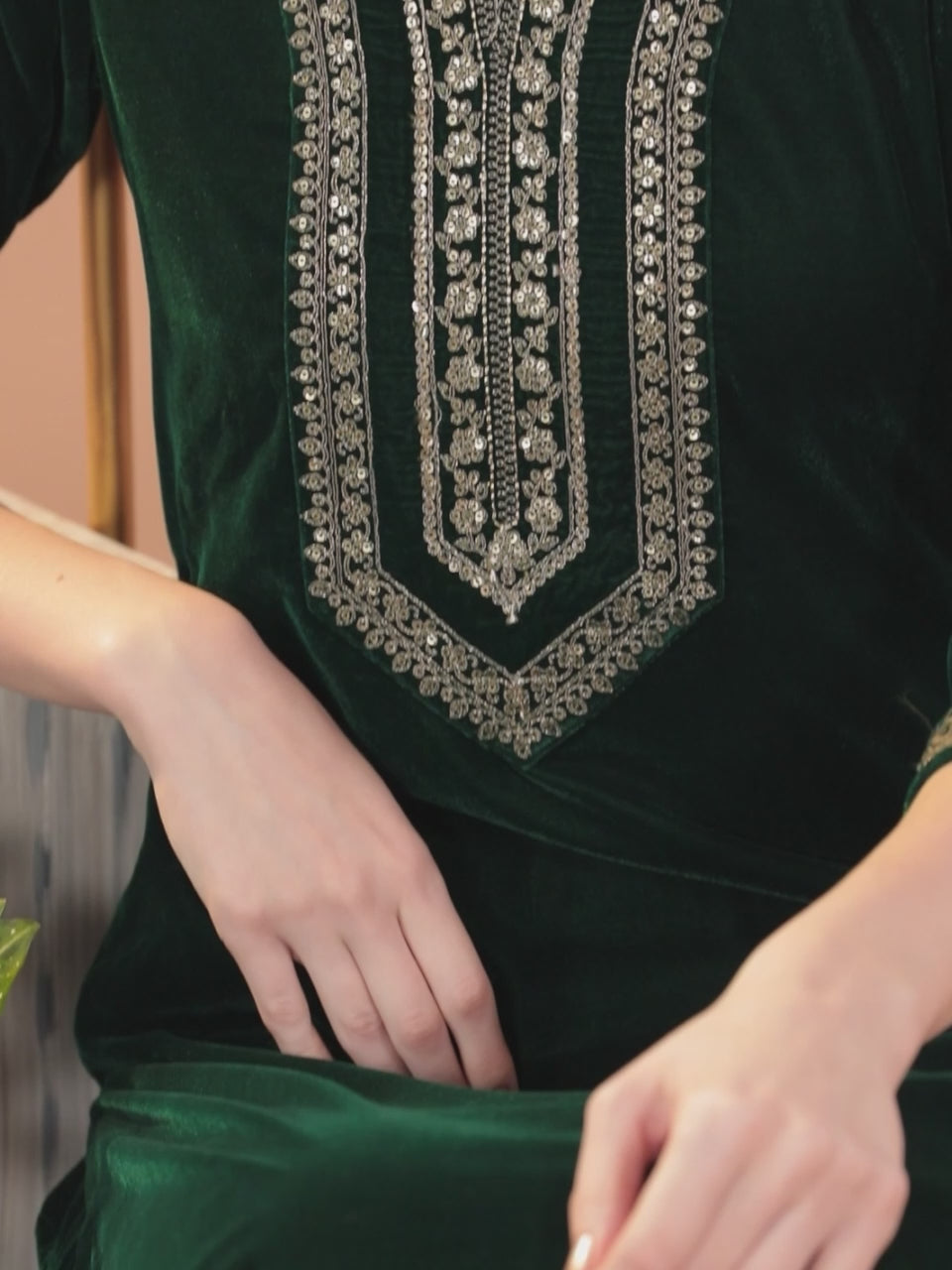  Green Yoke Design Velvet Straight Kurta With Dupatta 