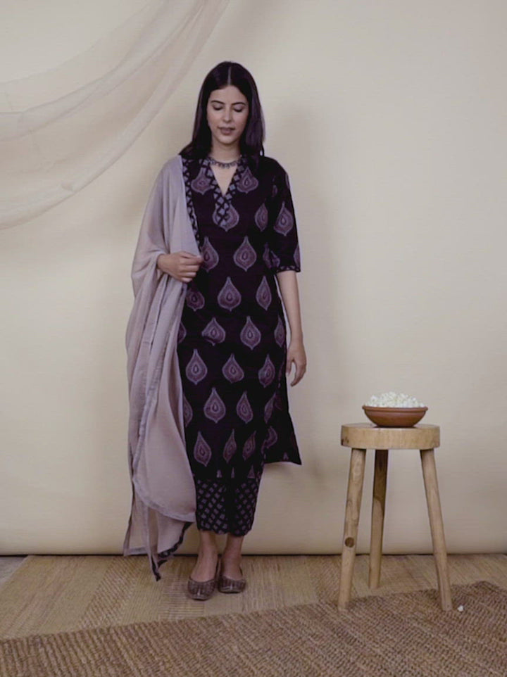 Black Printed Cotton Straight Kurta With Dupatta