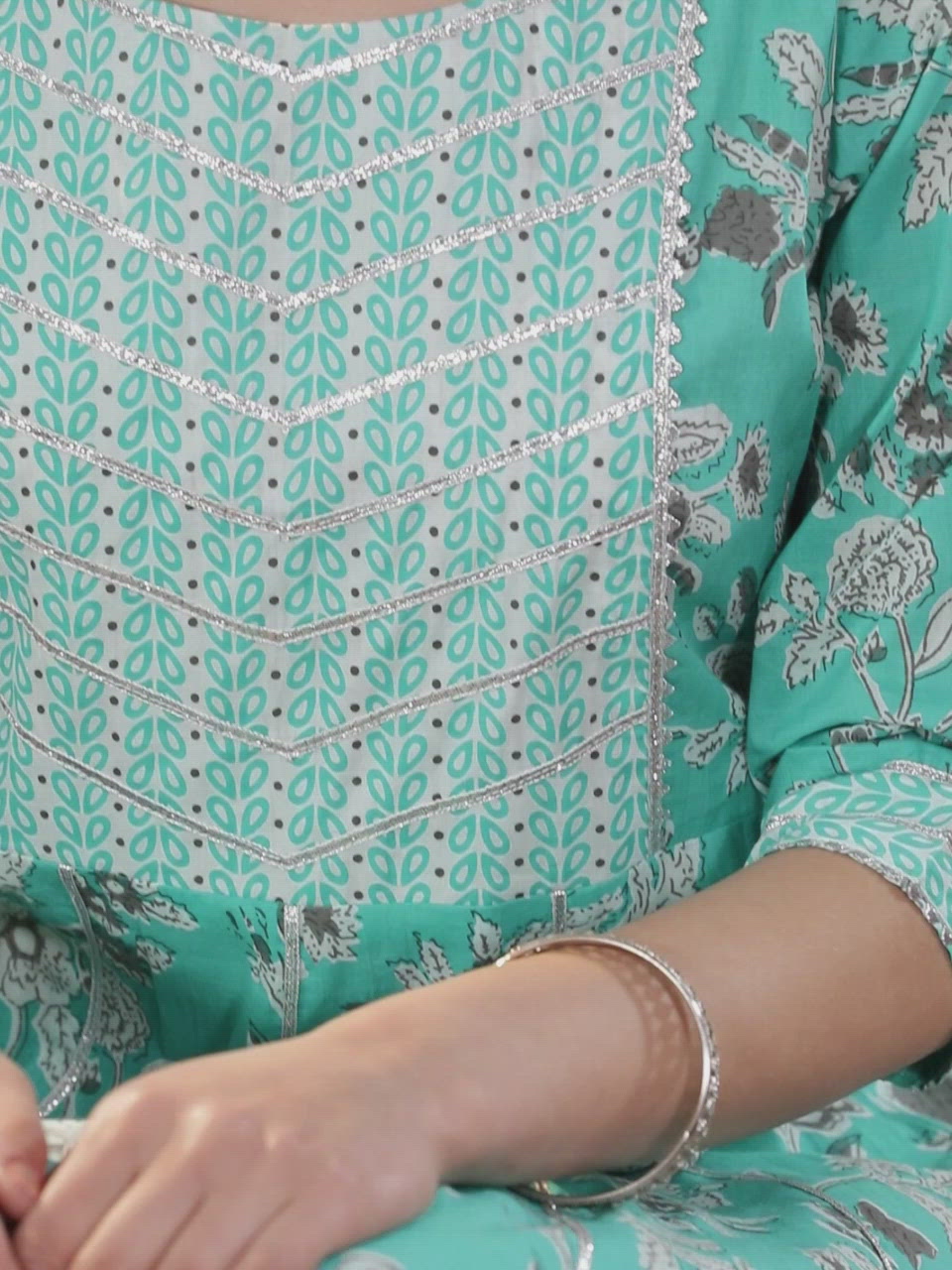  Blue Printed Cotton Anarkali Kurta With Palazzos & Dupatta 