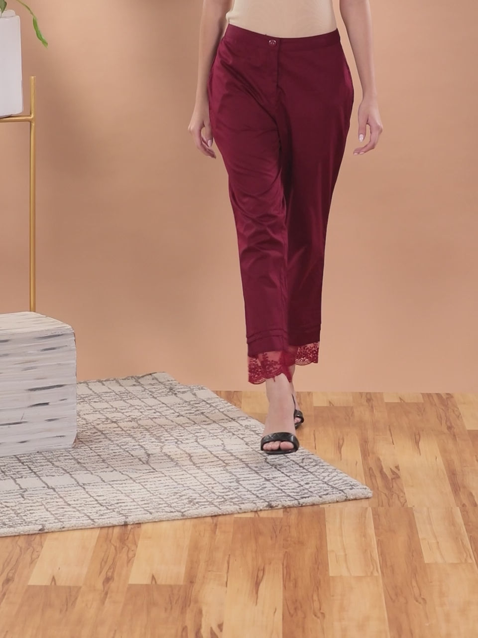 Maroon Solid Cotton Trousers 
