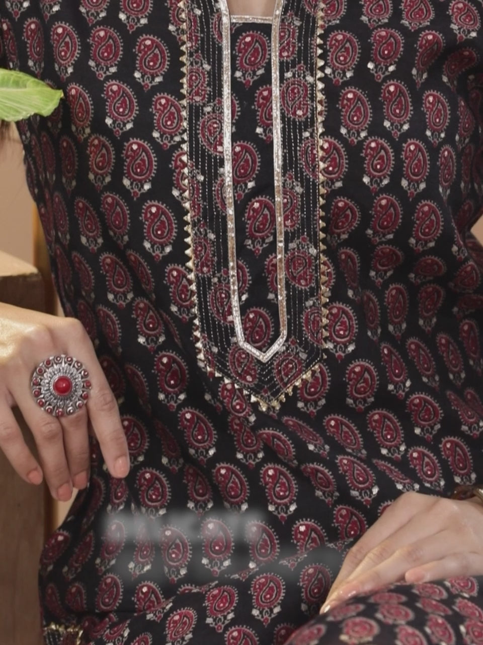  Black Printed Chanderi Silk Kurta 
