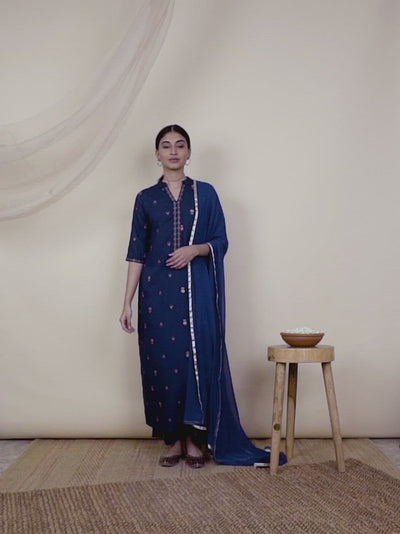 Teal Printed Rayon A-Line Kurta With Palazzos & Dupatta
