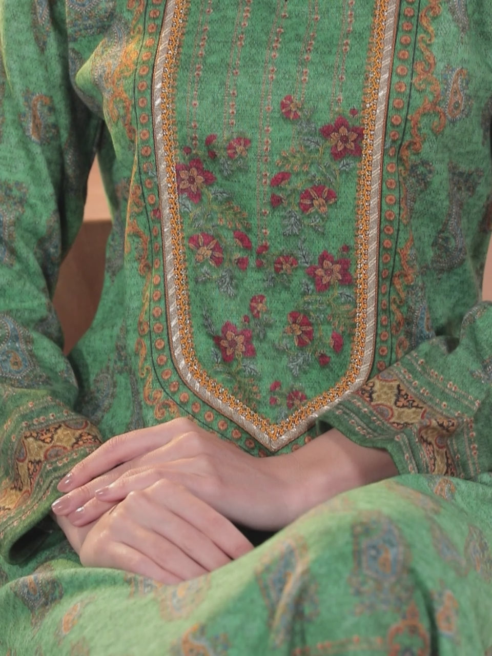  Green Printed Wool Straight Kurta With Trousers & Dupatta 