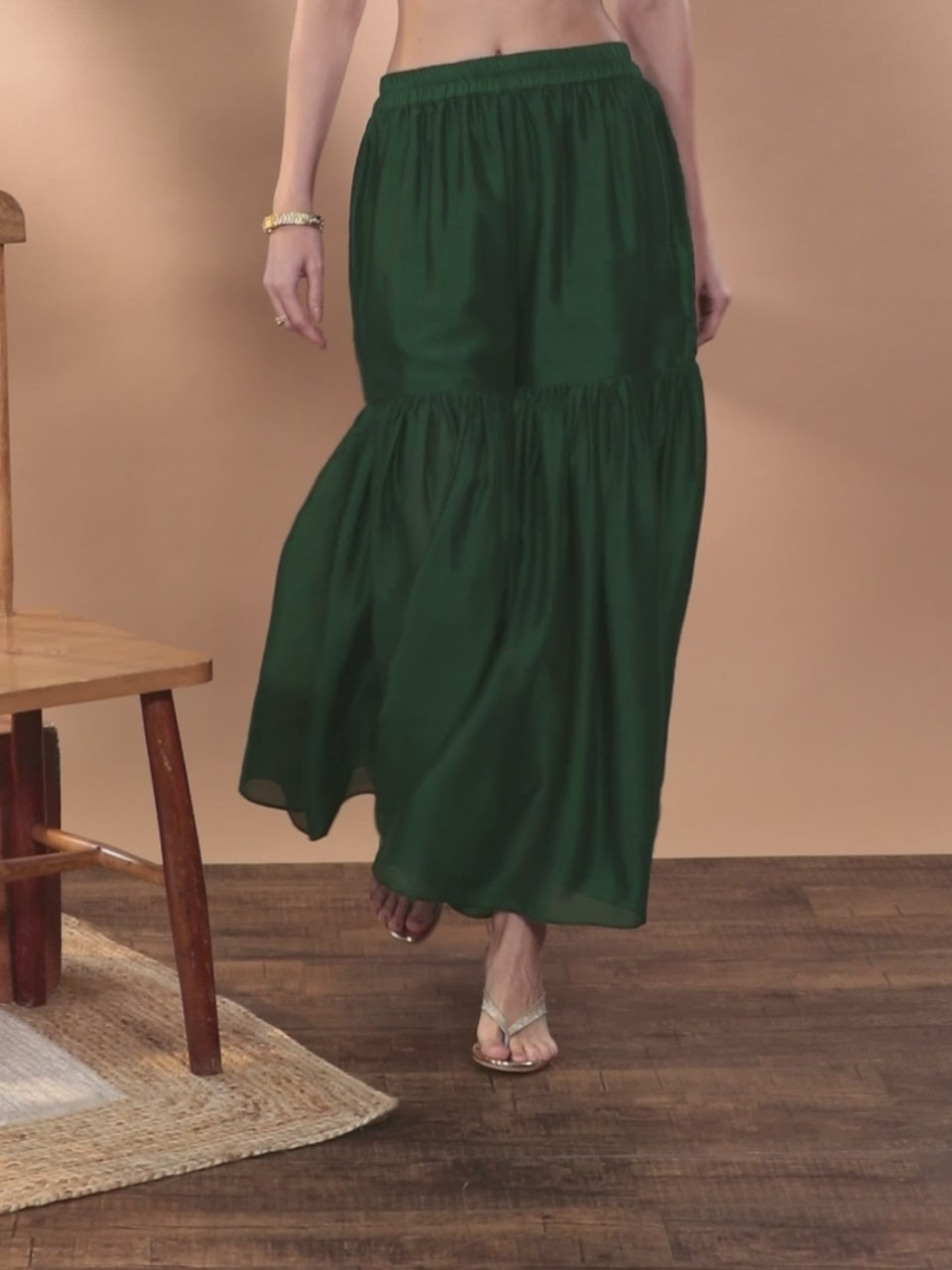  Green Solid Silk Blend Palazzos 