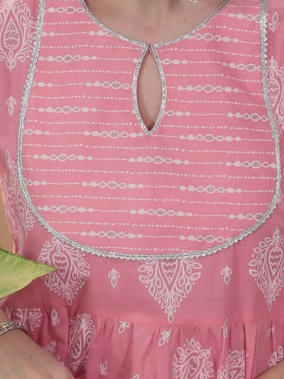 Pink Printed Cotton Anarkali Kurta With Dupatta