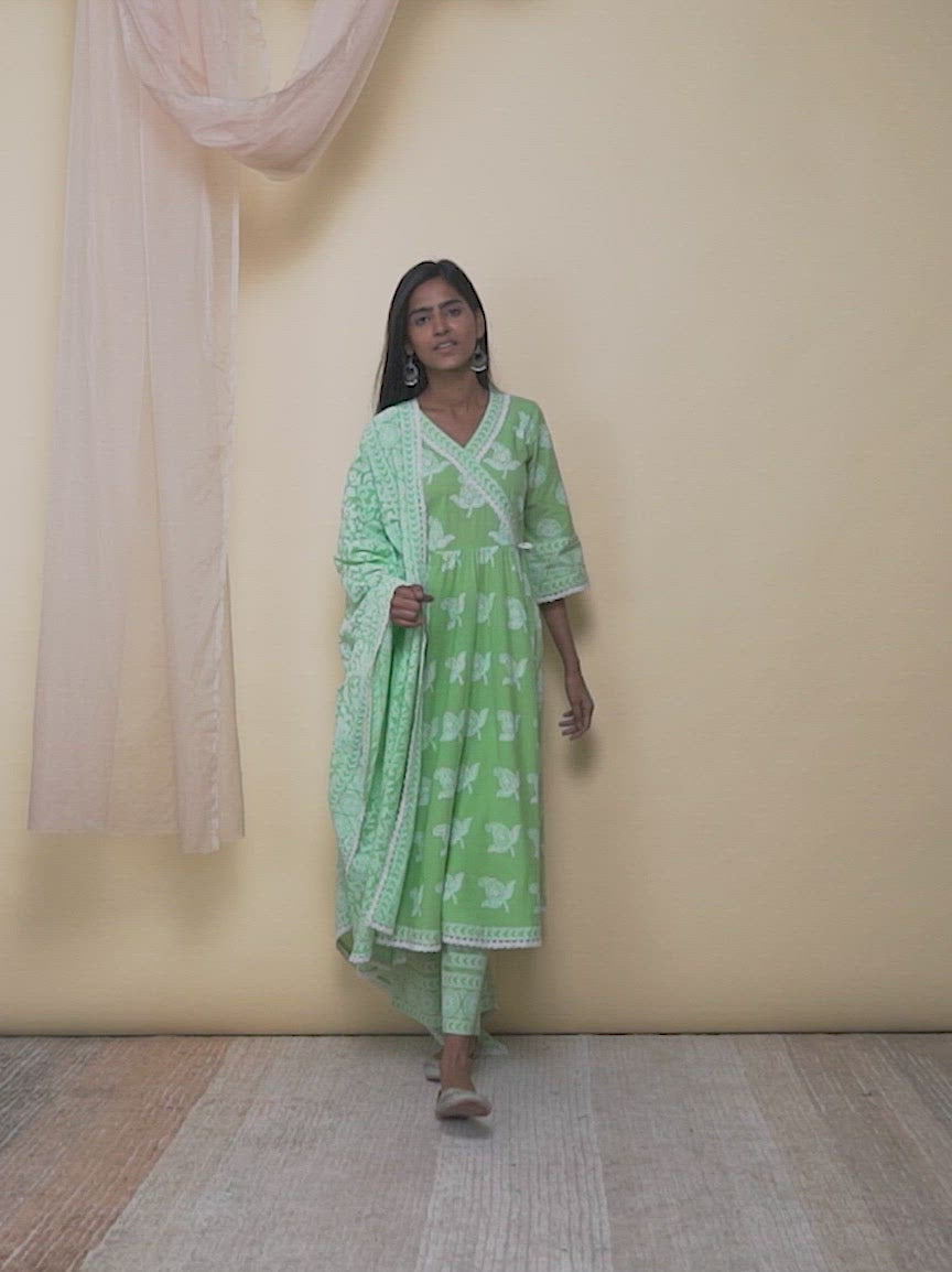  Green Printed Cotton Anarkali Kurta With Palazzos & Dupatta 