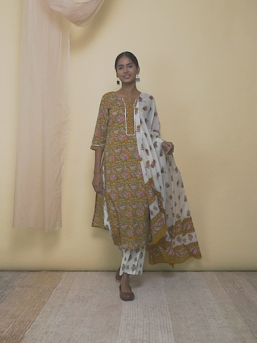 Mustard Printed Cotton Straight Kurta With Palazzos & Dupatta