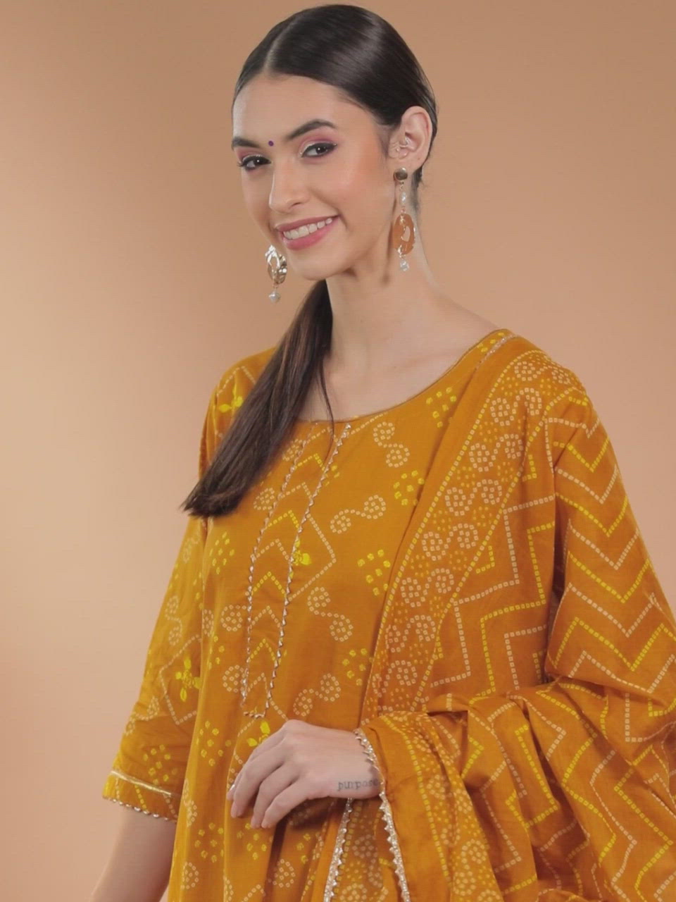  Mustard Printed Cotton A-Line Kurta With Dupatta 