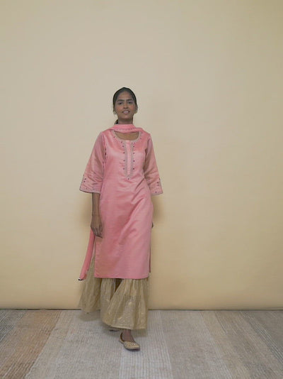 Pink Embroidered Silk Straight Kurta With Sharara & Dupatta
