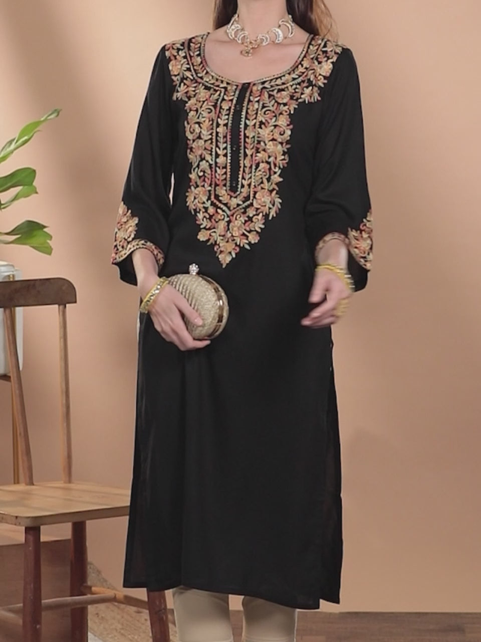 Black Embroidered Rayon Kurta