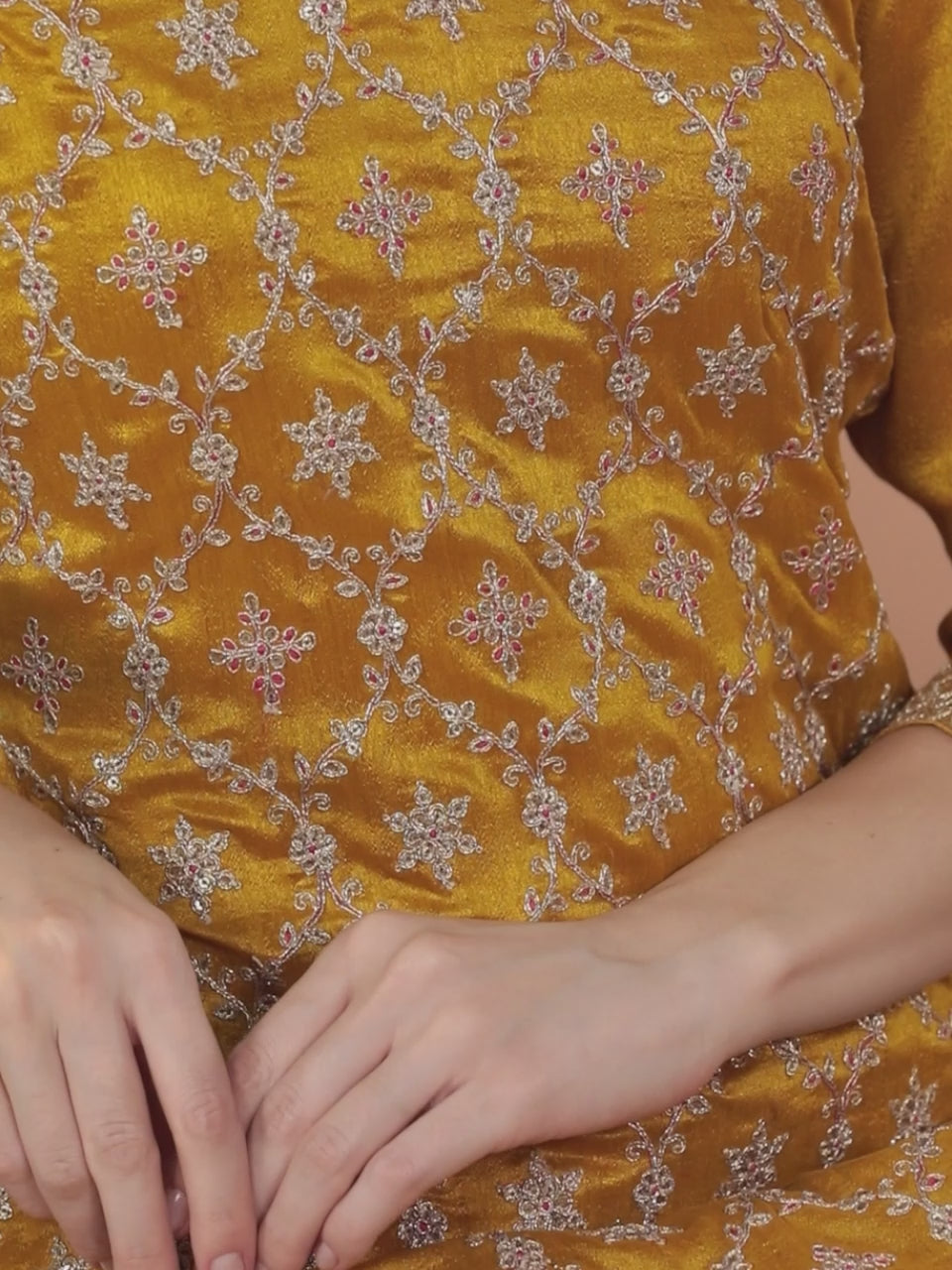 Mustard Embroidered Silk Blend Straight Kurta With Sharara & Dupatta