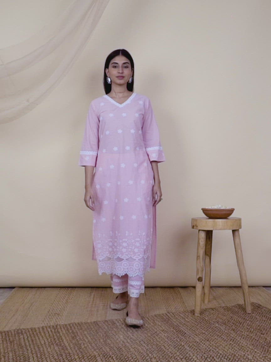  Pink Embroidered Cotton Kurta 