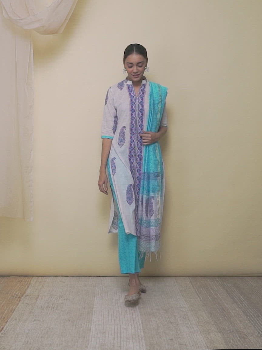 White Printed Cotton Straight Kurta With Palazzos & Dupatta