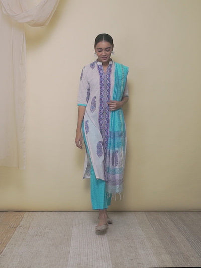 White Printed Cotton Straight Kurta With Palazzos & Dupatta