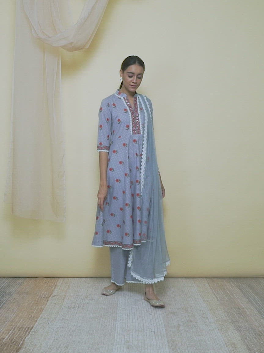  Grey Printed Cotton A-Line Kurta With Palazzos & Dupatta 