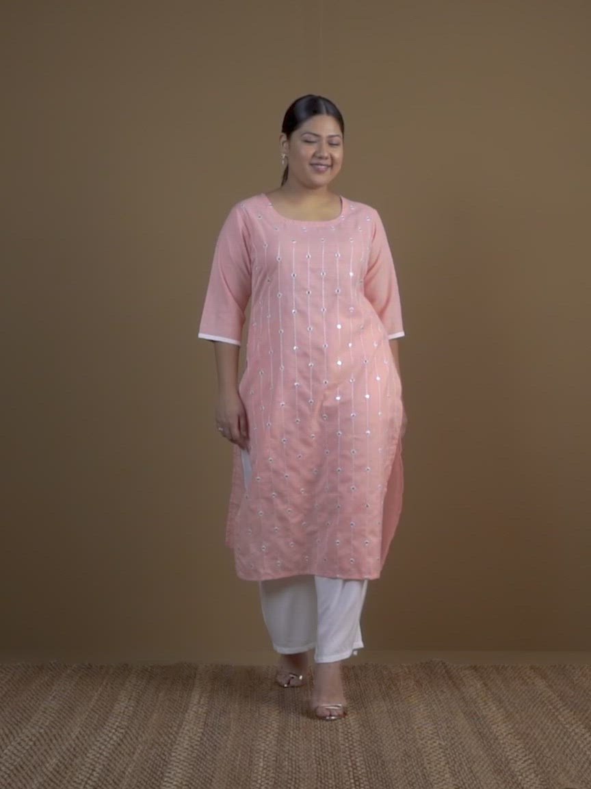 Plus Size Pink Embroidered Cotton Kurta