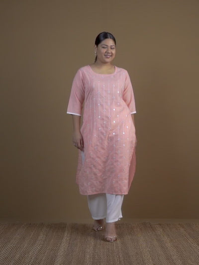 Plus Size Pink Embroidered Cotton Kurta