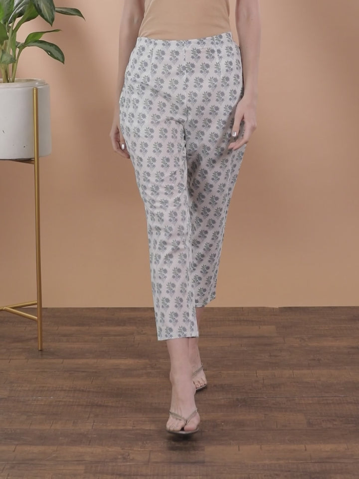 White Printed Cotton Trousers