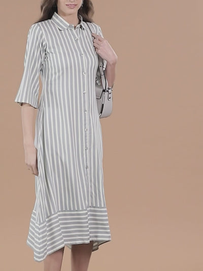 Grey Striped Rayon Dress