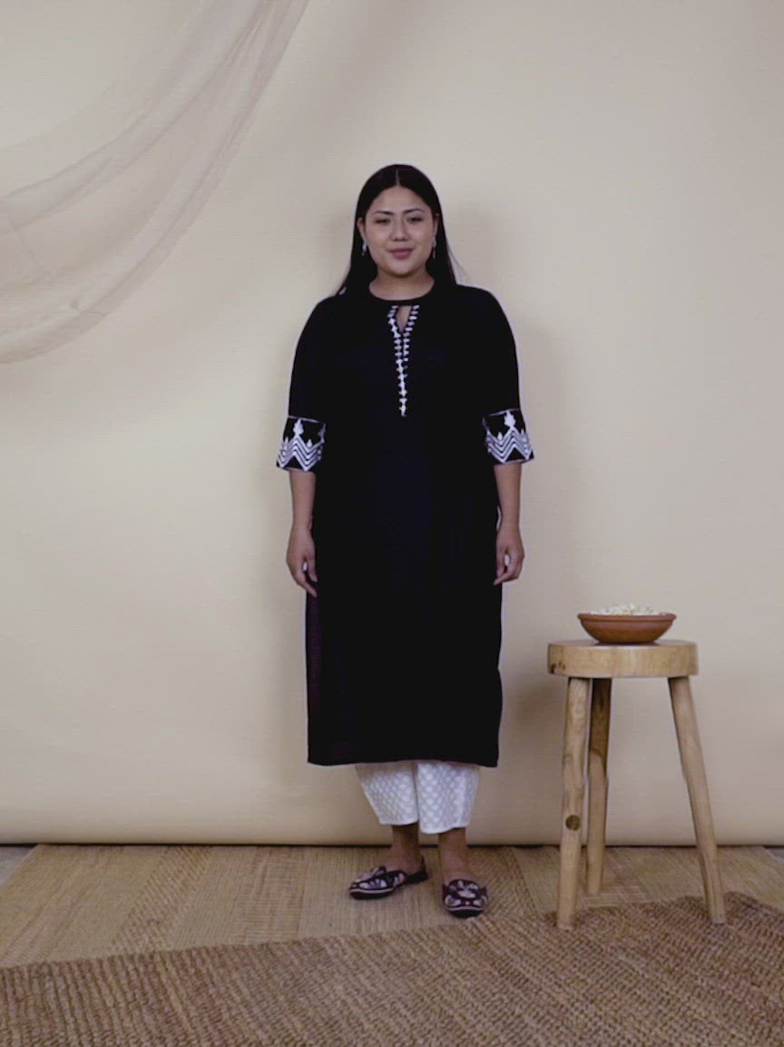  Plus Size Black Embroidered Rayon Kurta 