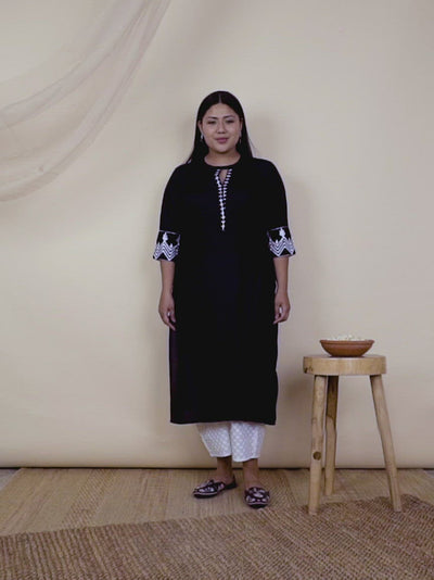 Plus Size Black Embroidered Rayon Kurta