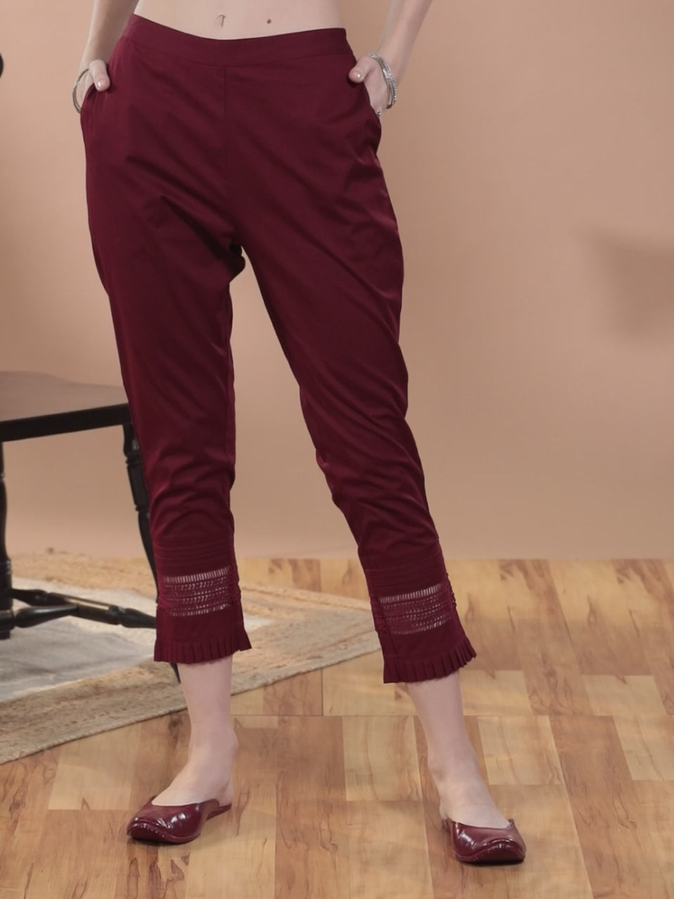  Maroon Solid Cotton Trousers 