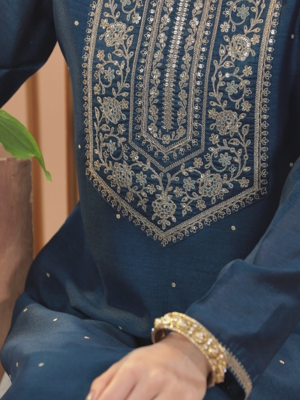 Teal Blue Yoke Design Silk Kurta