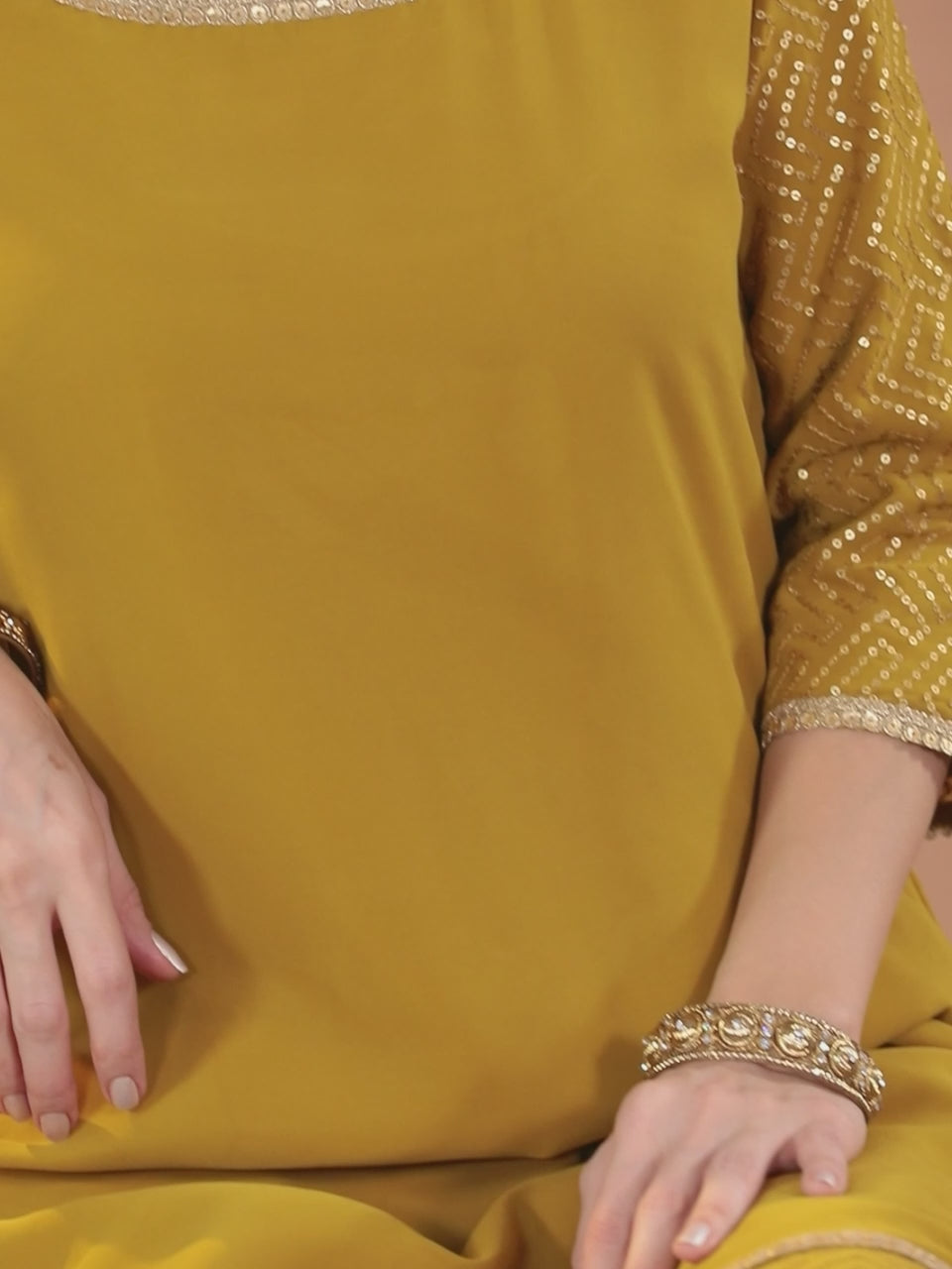  Mustard Solid Georgette Straight Kurta With Palazzos & Dupatta 