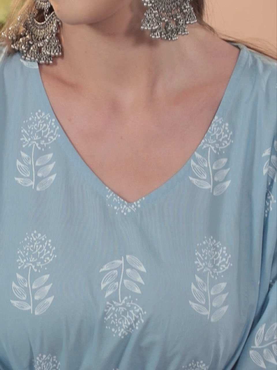  Blue Printed Cotton Kaftan Kurta With Trousers 