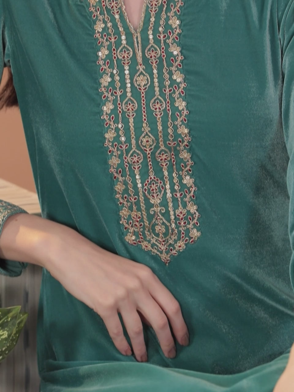  Green Yoke Design Velvet Straight Kurta With Trousers & Dupatta 