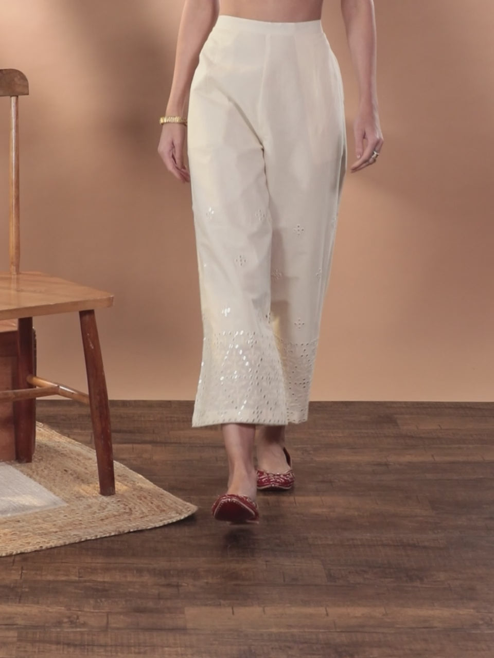  Cream Embroidered Cotton Palazzos 