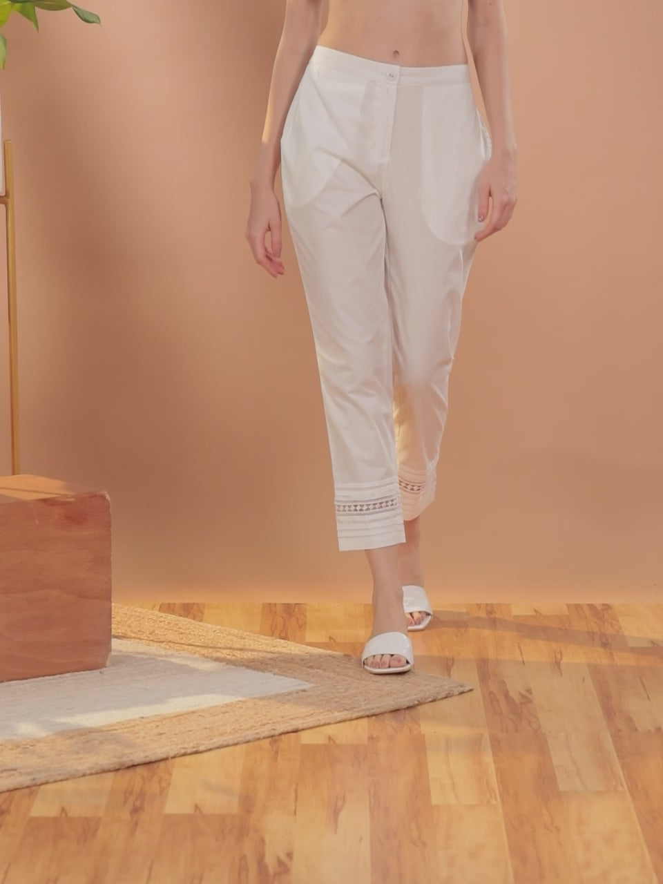 Off White Solid Cotton Trousers