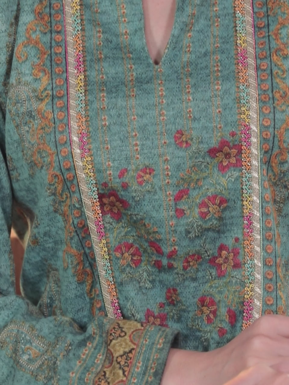  Blue Printed Wool Straight Kurta With Trousers & Dupatta 