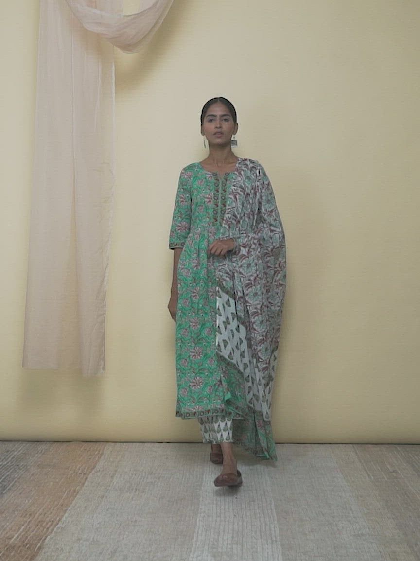  Green Printed Cotton Anarkali Kurta With Palazzos & Dupatta 