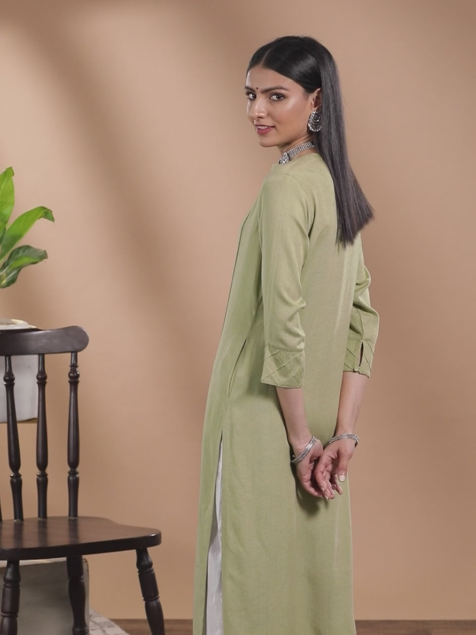  Olive Green Solid Cotton Kurta 